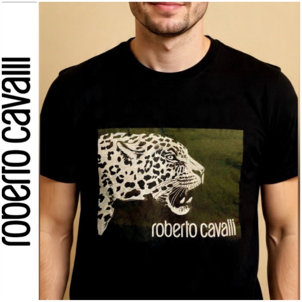 Roberto Cavalli Black Tee with a white  Leopard Graphic NWOT